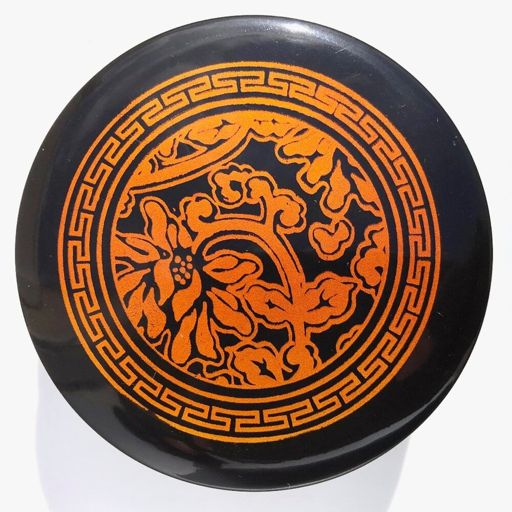black lacquer trinket box Asian floral geometric round with lid orange jewelry